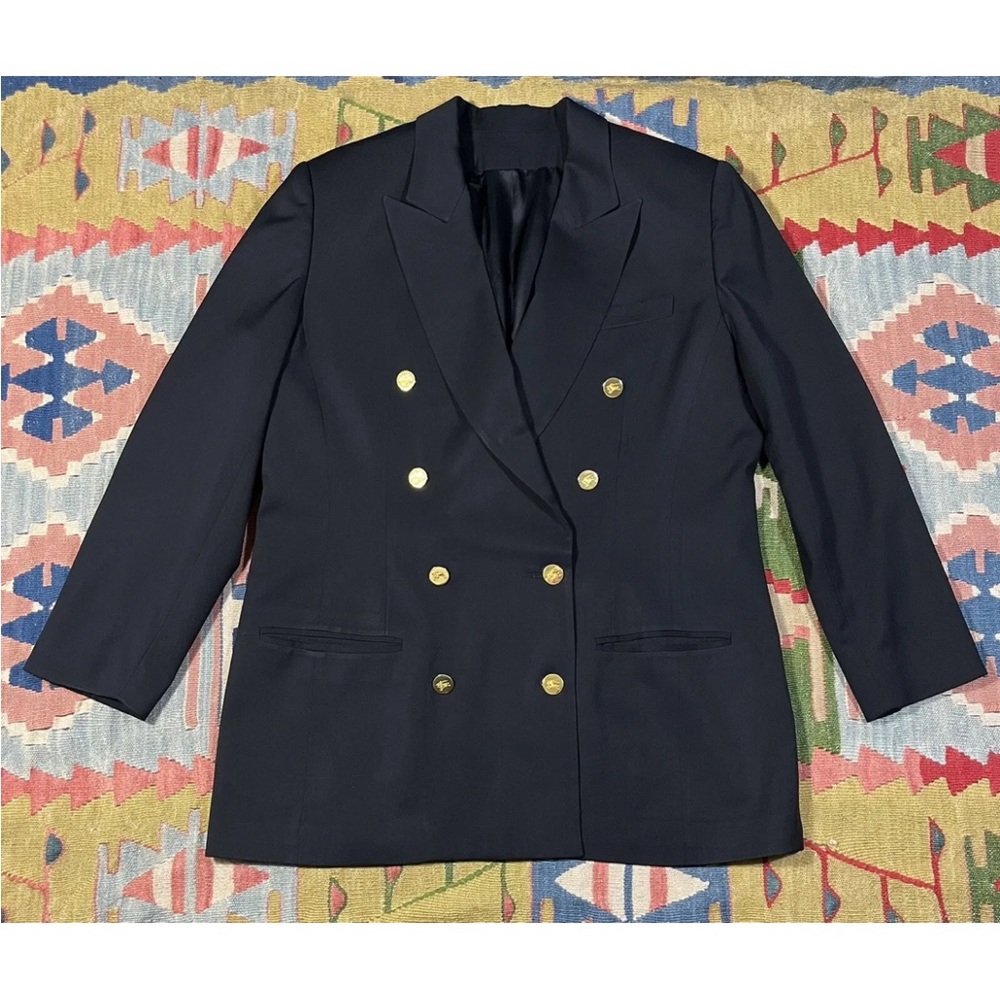 Vintage Burberrys Of London Dark Blue Gold Button Double Breasted Blazer Coat 16
